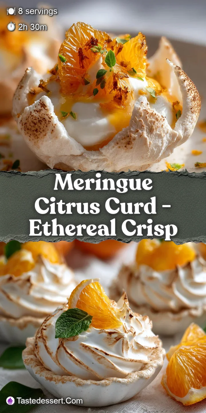 Close-up of a tangy citrus curd nestled in a crisp meringue shell. Toasted meringue peaks offer a delightful textural cont...
