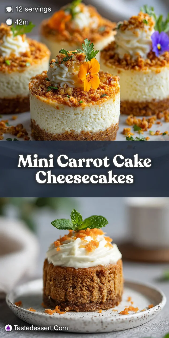 Close-up of a mini carrot cheesecake revealing moist cake layers, rich cream cheese frosting, and textured walnut pieces. ...