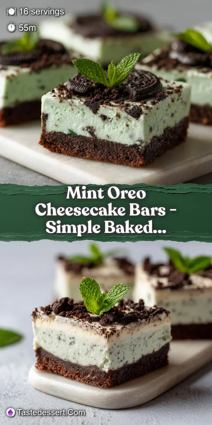 Close-up reveals a creamy, mint-green cheesecake filling bursting with Oreo chunks, atop a crisp graham cracker base.