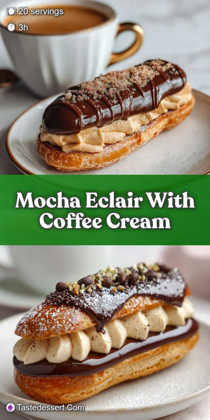 Close-up of a mocha &eacute;clair: rich, dark chocolate glaze glistening, coffee cream filling peeking. Light, crisp pastry and e...