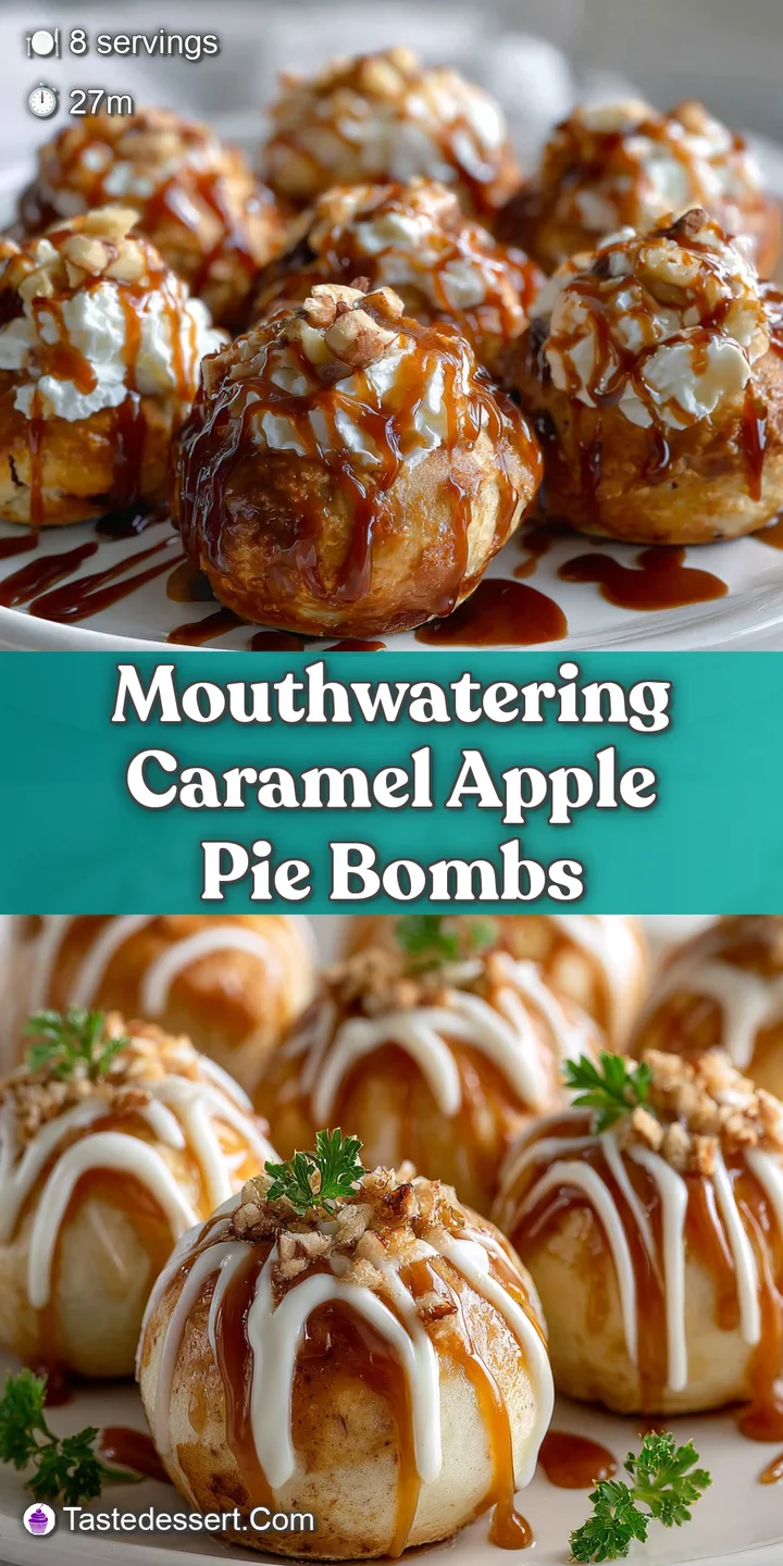 Close-up of a glistening, baked caramel apple pie bomb; flaky crust with visible apple filling, oozing caramel.