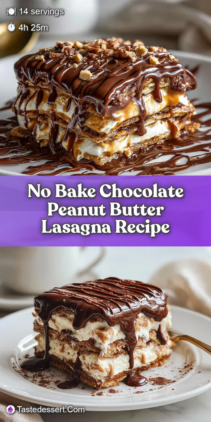 A close-up of the chocolate peanut butter dessert with a fork lifting out a creamy bite. Chocolate sauce glistens on the l...