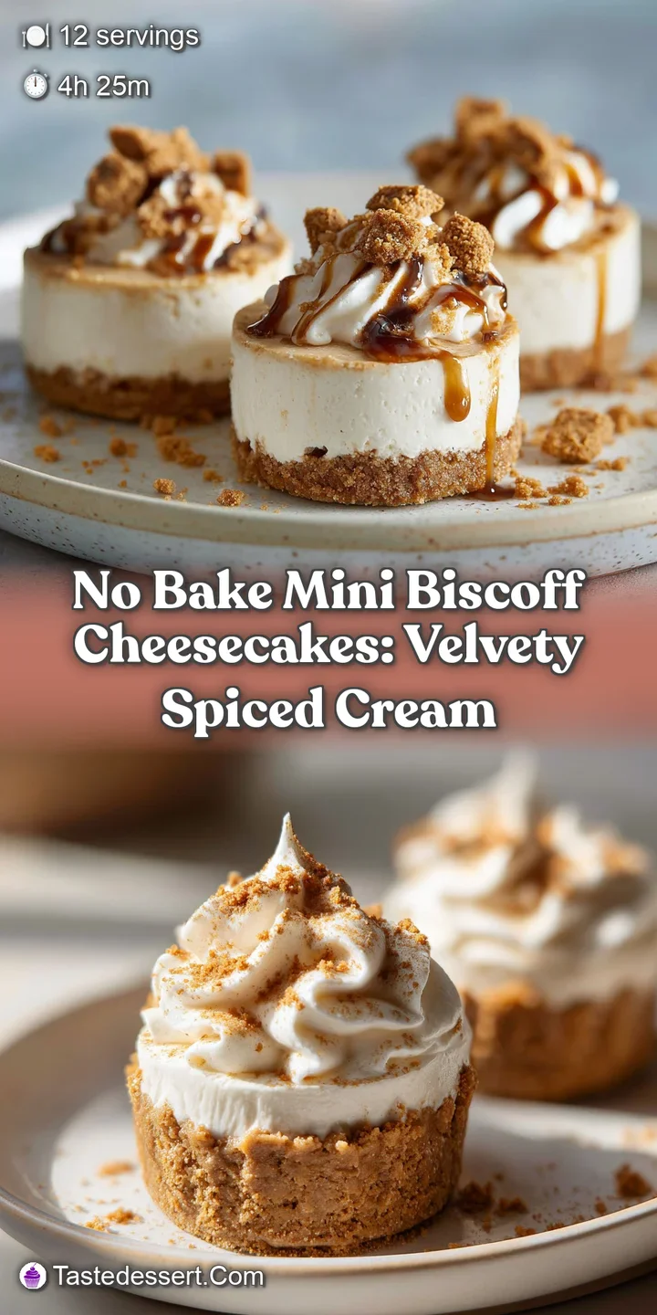 Close-up reveals the velvety texture of a mini Biscoff cheesecake, topped with coarse crumbs and a hint of cocoa powder.