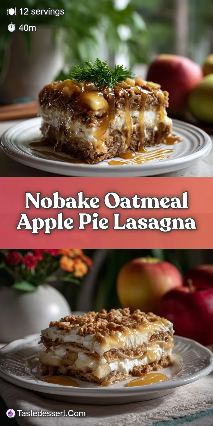 Close-up of layered apple dessert, showcasing the soft, creamy filling studded with chunks of baked apple and crunchy oat ...