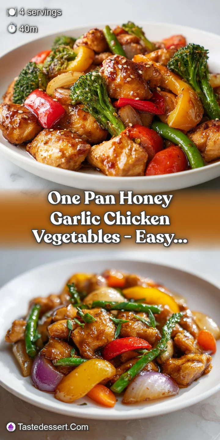Close-up of juicy chicken and tender vegetables coated in a rich honey garlic glaze, highlighting textures and vibrant col...