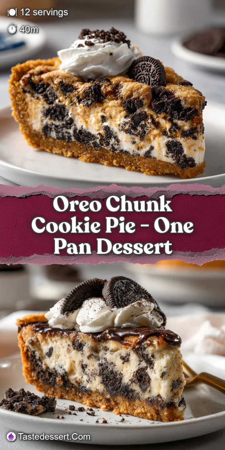 Close-up of a gooey Oreo chunk cookie pie, featuring a soft, slightly underbaked center and crisp edges. Chocolatey and in...