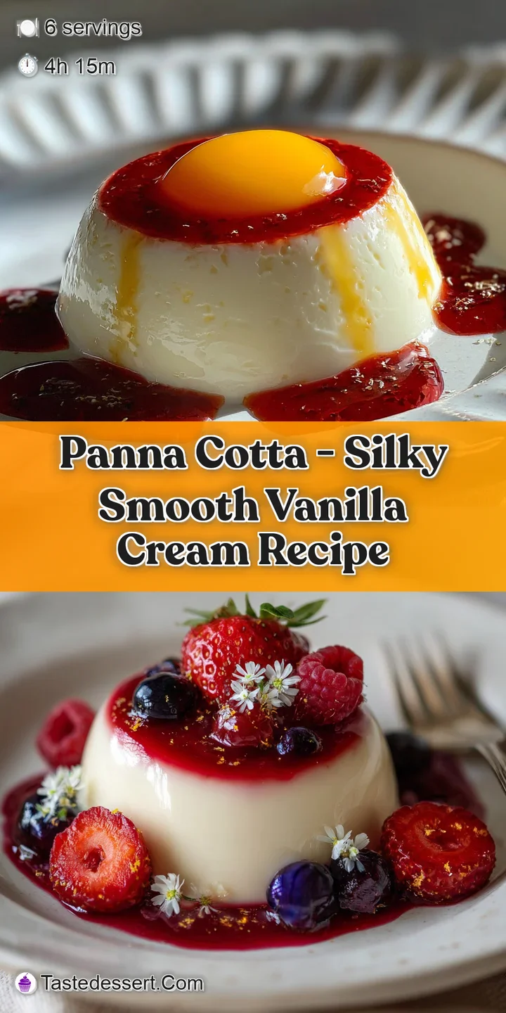 Close-up of creamy panna cotta, its soft texture contrasted by the bright, juicy burst of mixed berries and a glossy sauce.