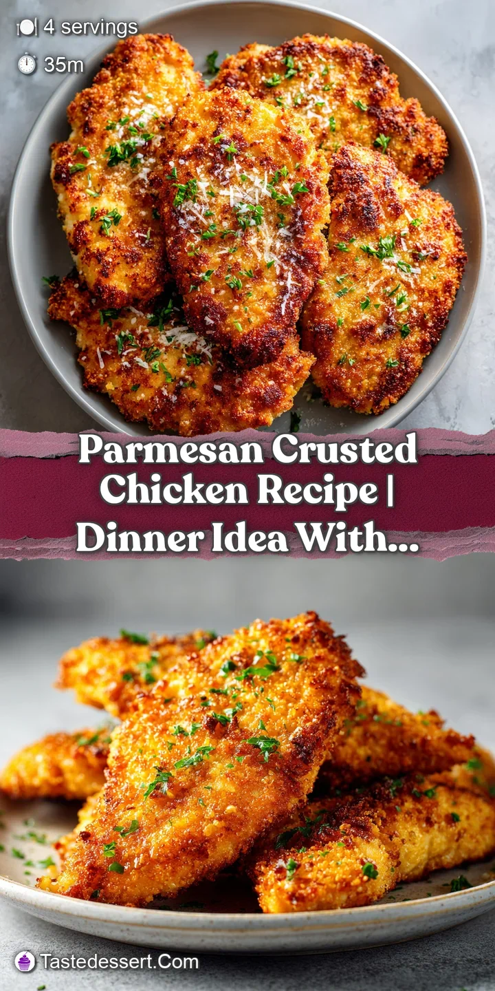 Close-up of textured, golden-brown parmesan crust on juicy chicken; a burst of flavor in every bite; mouth-watering details!