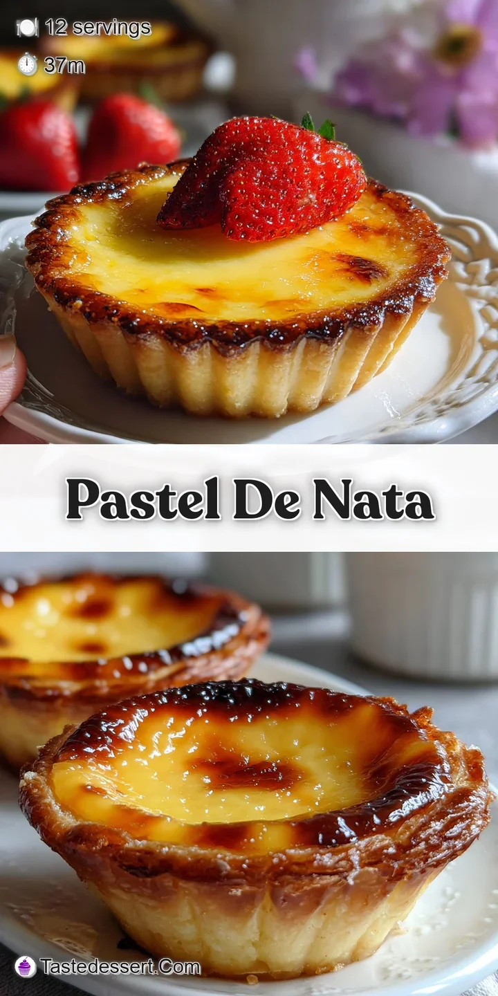 Close-up of a pastel de nata revealing a rich, blistered custard surface and delicate, layered pastry with golden edges.
