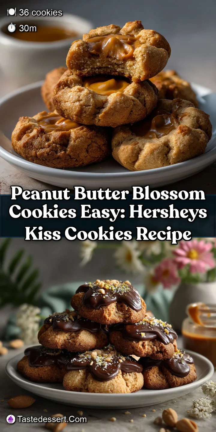 Close-up of a peanut butter cookie revealing a soft, velvety center and defined cracks. The dark chocolate kiss adds a pop...