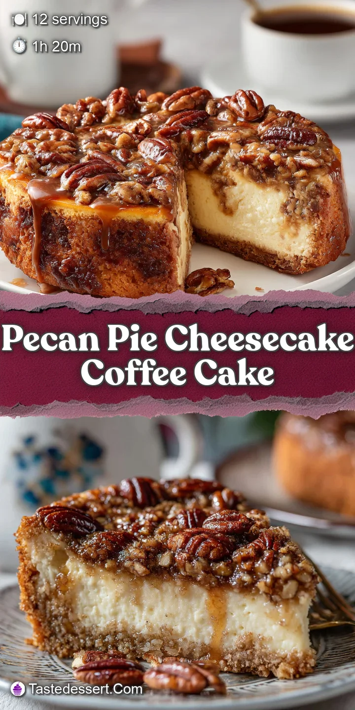 Close-up captures the nutty, caramelized surface of pecan coffee cake with a hint of creamy cheesecake. Golden-brown and u...