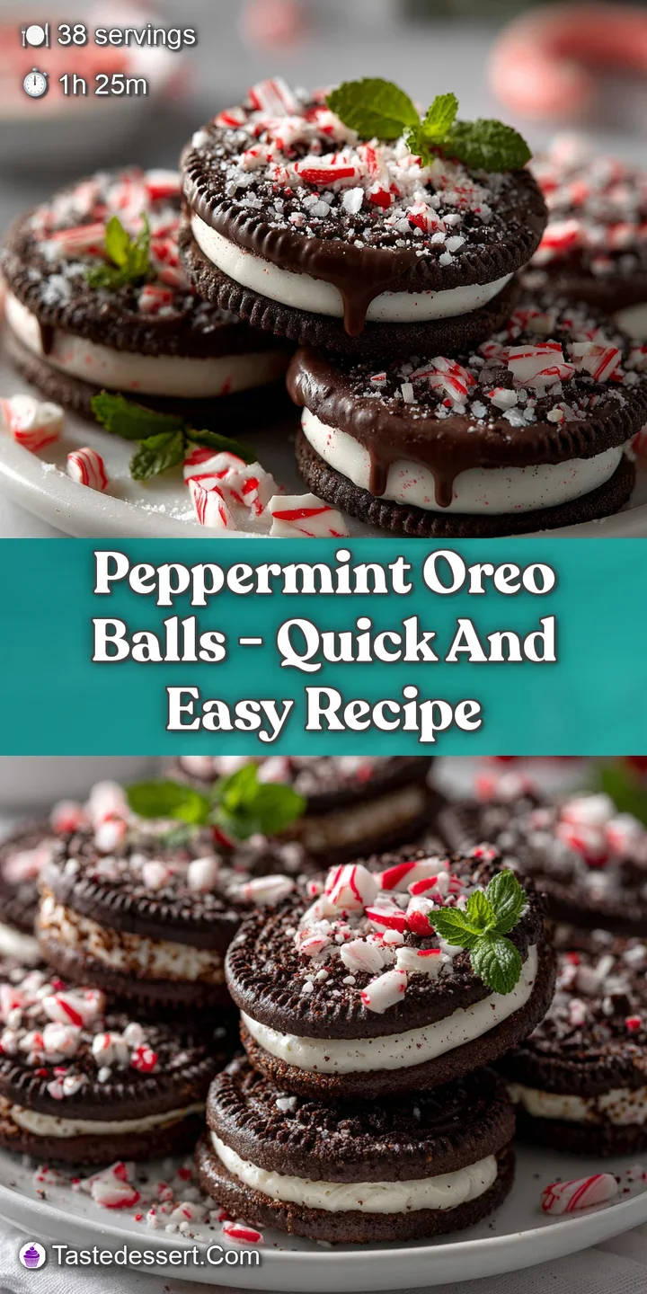 Close-up of a peppermint Oreo ball revealing the creamy white filling and vibrant red crushed candy cane shell, inviting a...