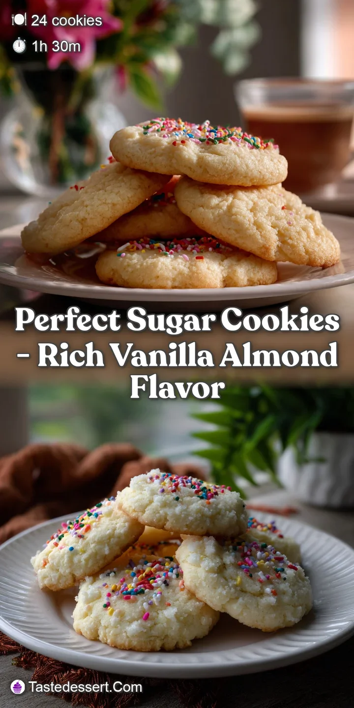 Close-up of a sugar cookie with smooth, glossy frosting, adorned with tiny, colorful candies. The cookie appears soft and ...