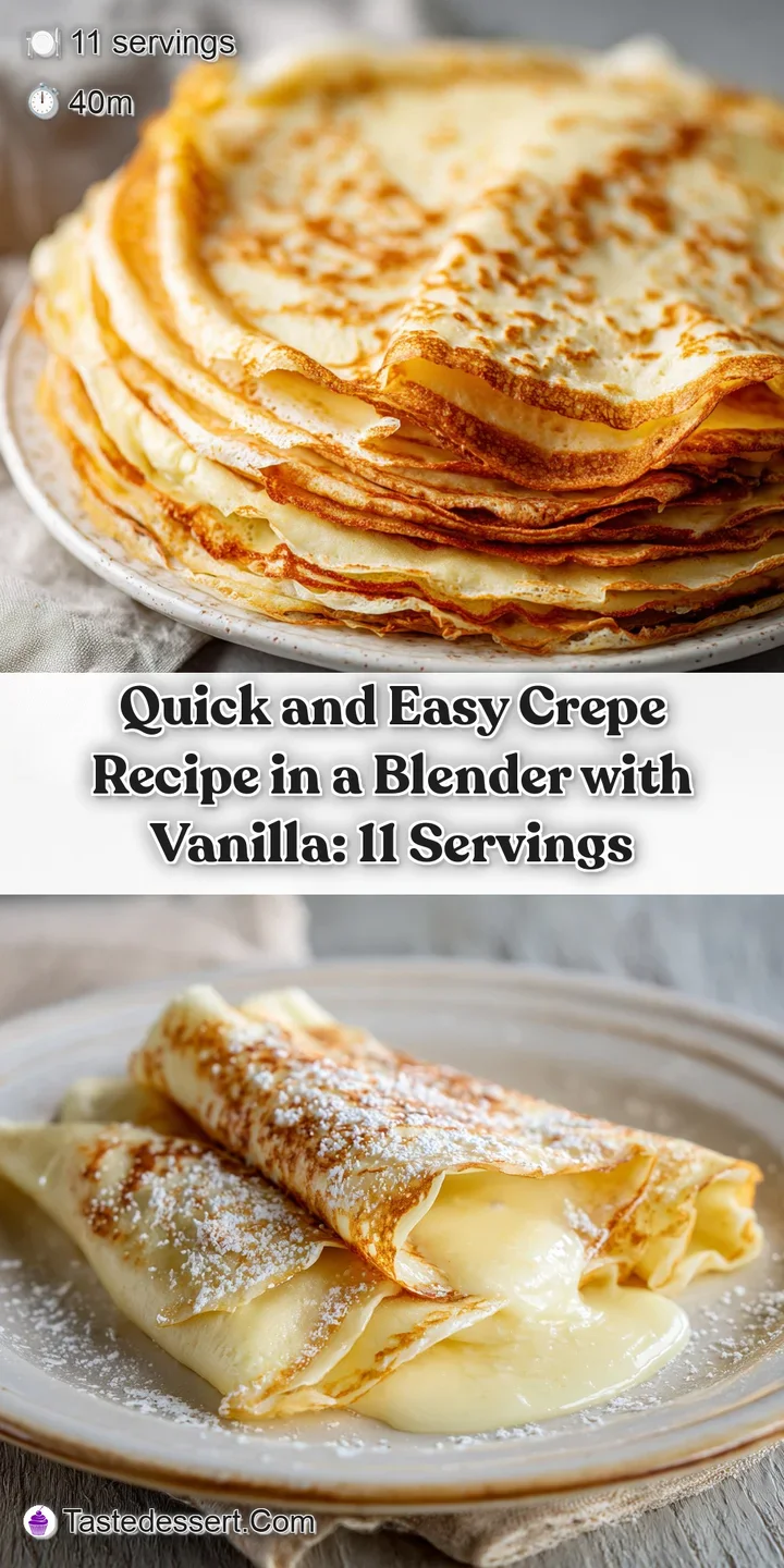 Close-up of a soft, thin crepe with browned edges. Vanilla bean flecks are visible within, highlighting its creamy, inviti...