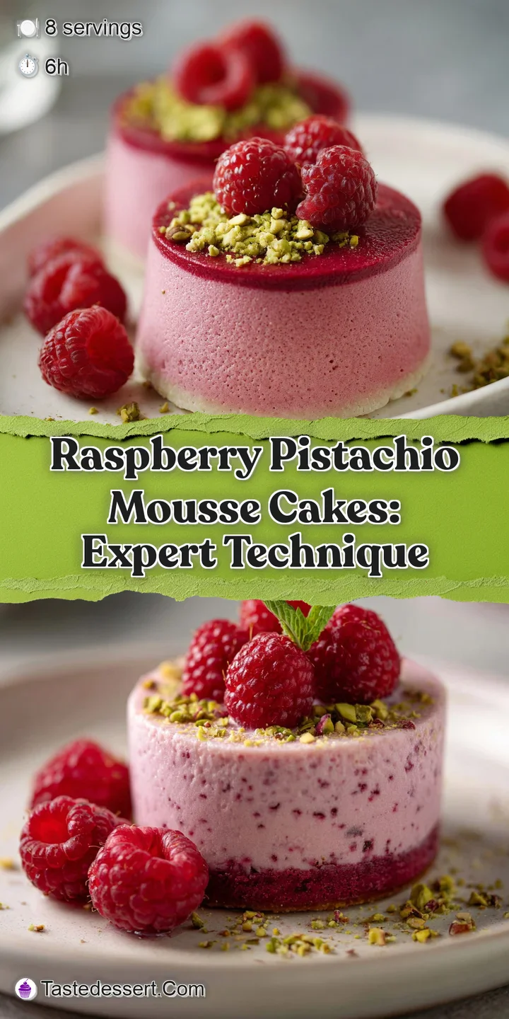 Close-up of a raspberry pistachio mousse cake, highlighting the creamy texture, vibrant colors, and delicate pistachio gar...