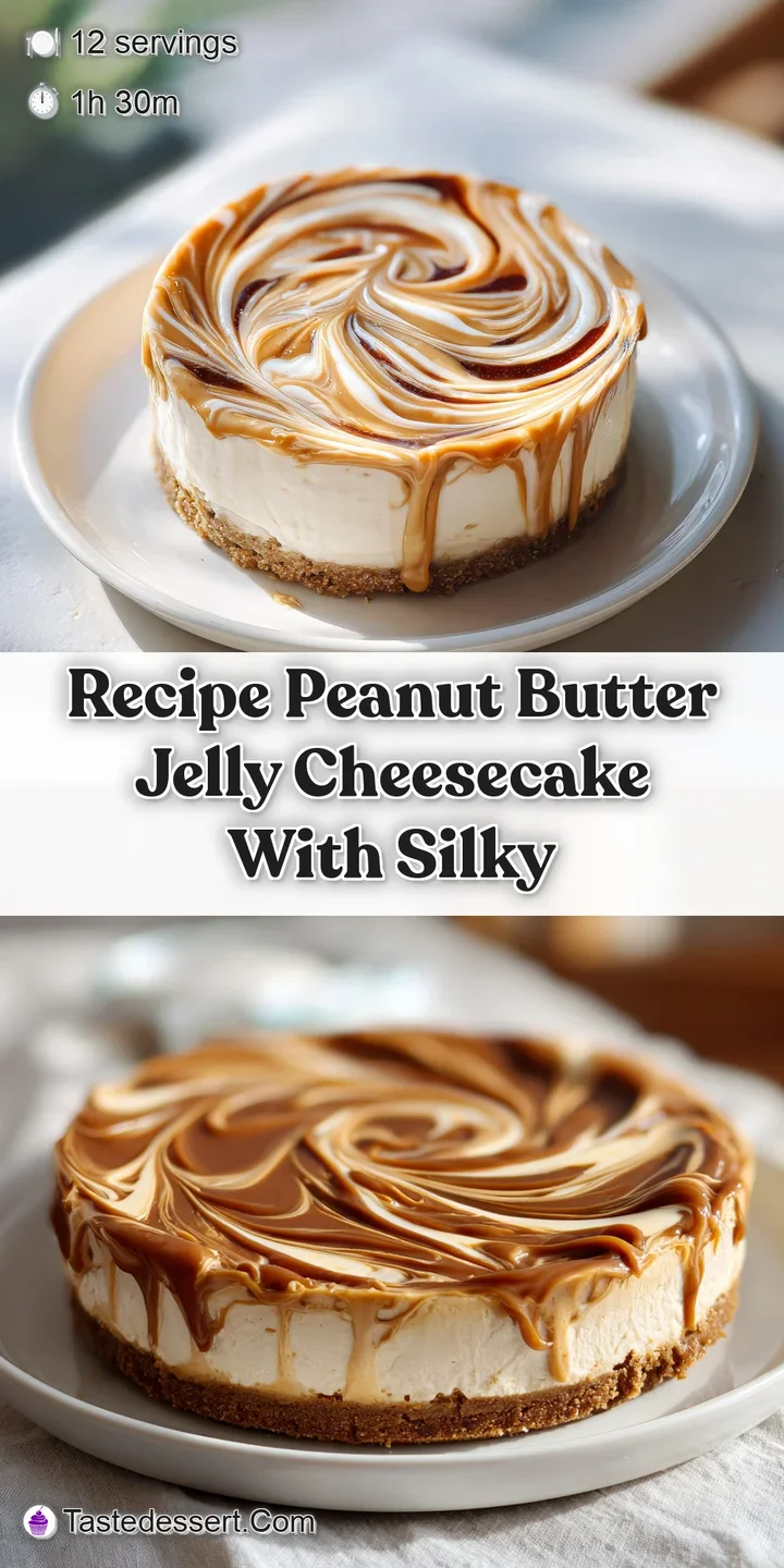 Close-up showcases the cheesecake's smooth peanut butter layer, vibrant jelly streaks, and creamy texture against a dark b...