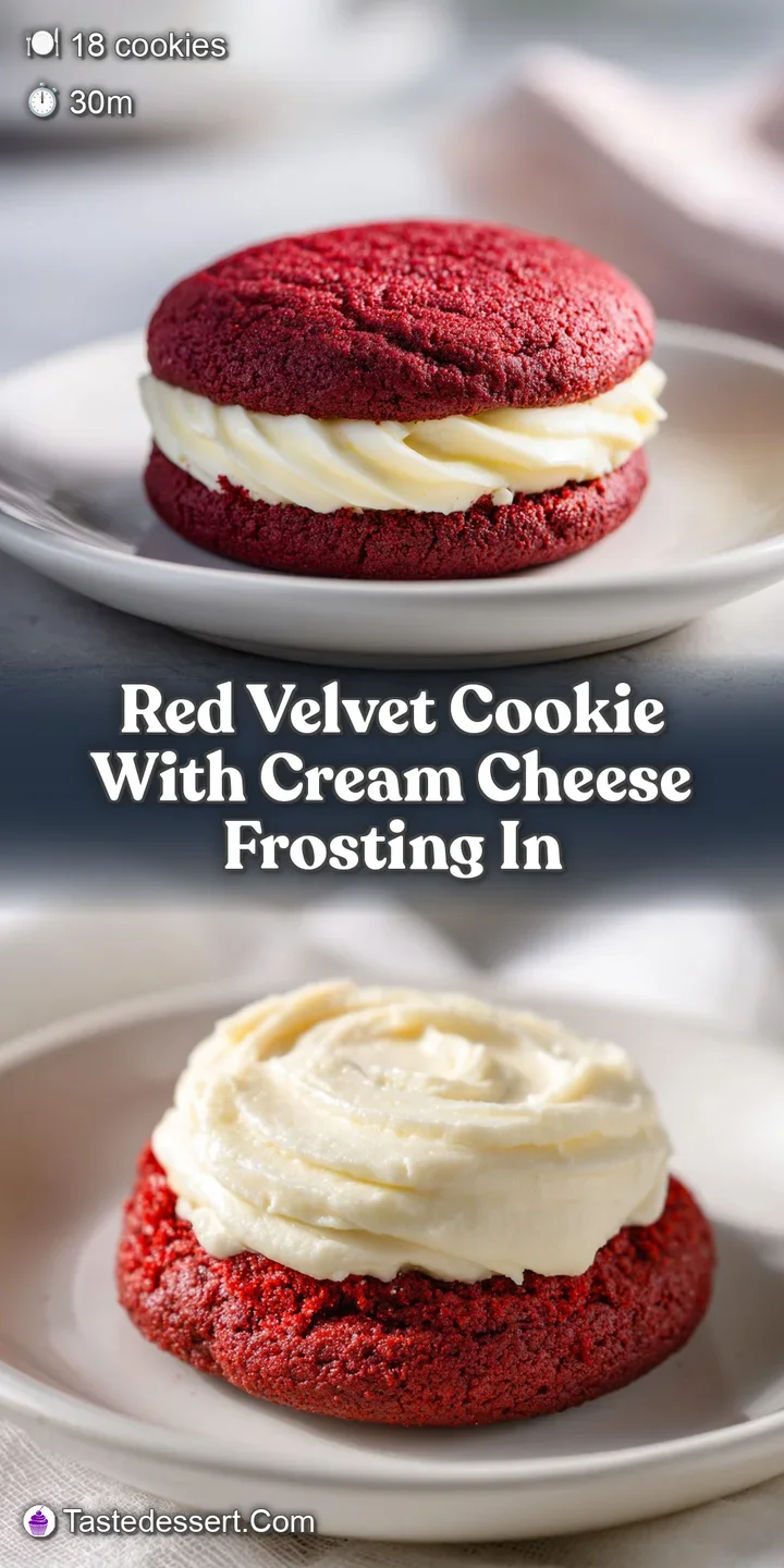 Close-up of a vibrant red velvet cookie, its creamy white frosting glistening, with a soft, slightly cracked surface.