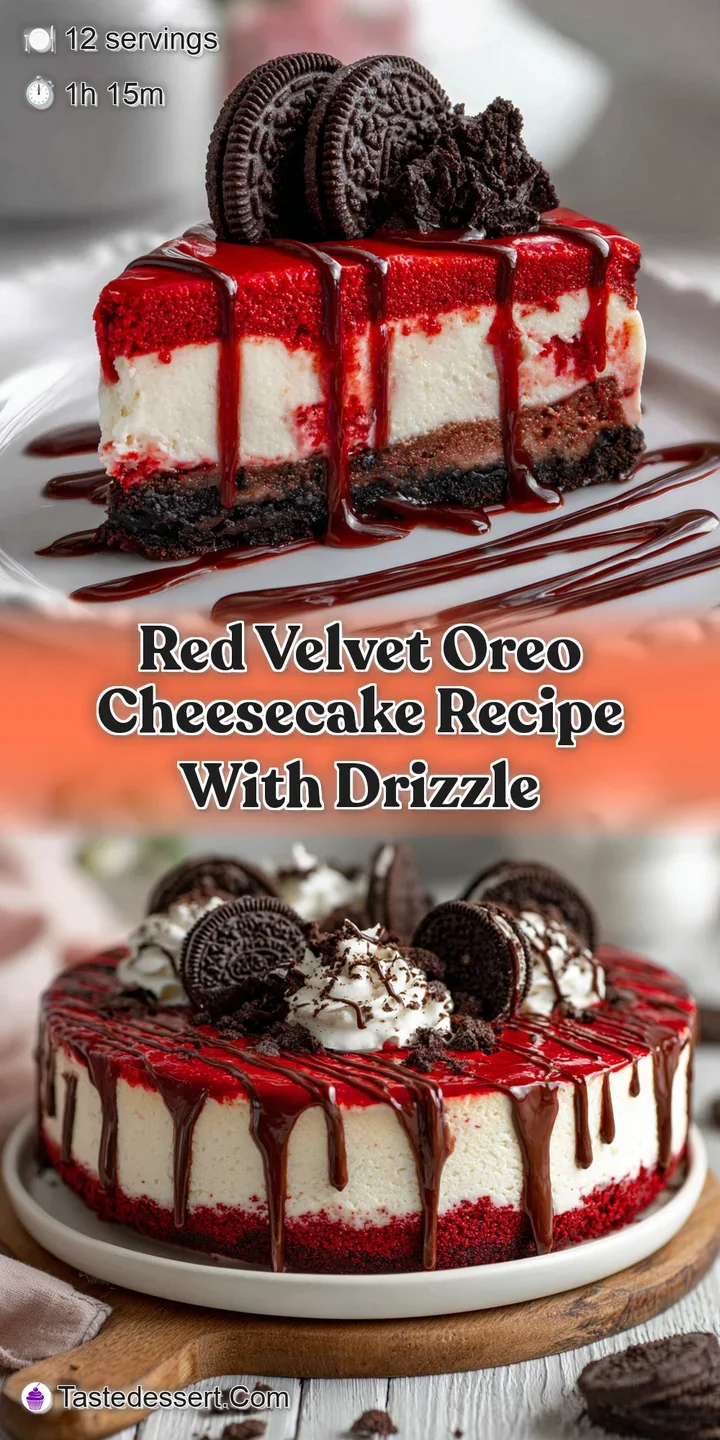 Close-up of a red velvet Oreo cheesecake slice, highlighting moist cake and creamy filling, with a tempting, glossy chocol...