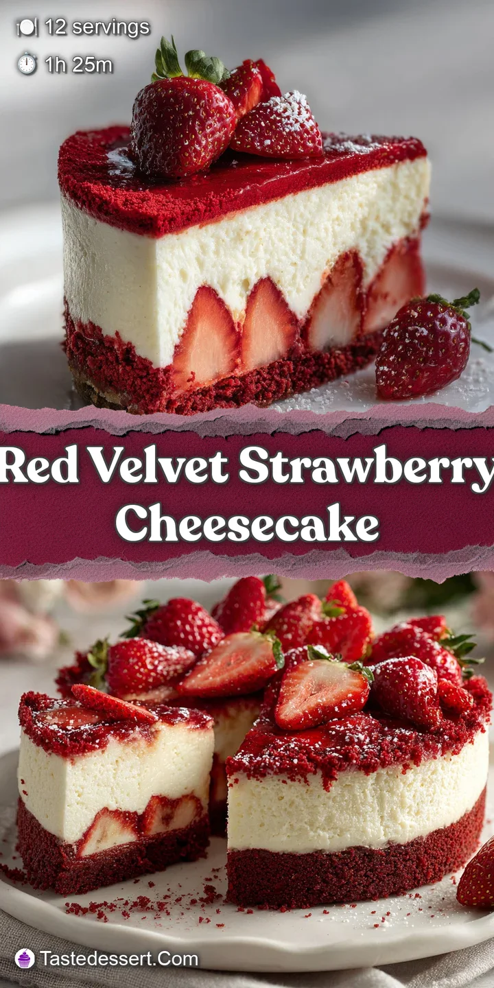 Close-up of red velvet cheesecake with a strawberry topping, showing layers of creamy filling and moist cake. Delicious de...