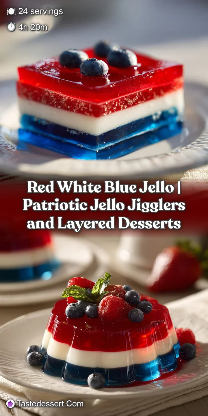 Close-up of glistening, firm red and blue gelatin layers separated by smooth, creamy white, a cool dessert.