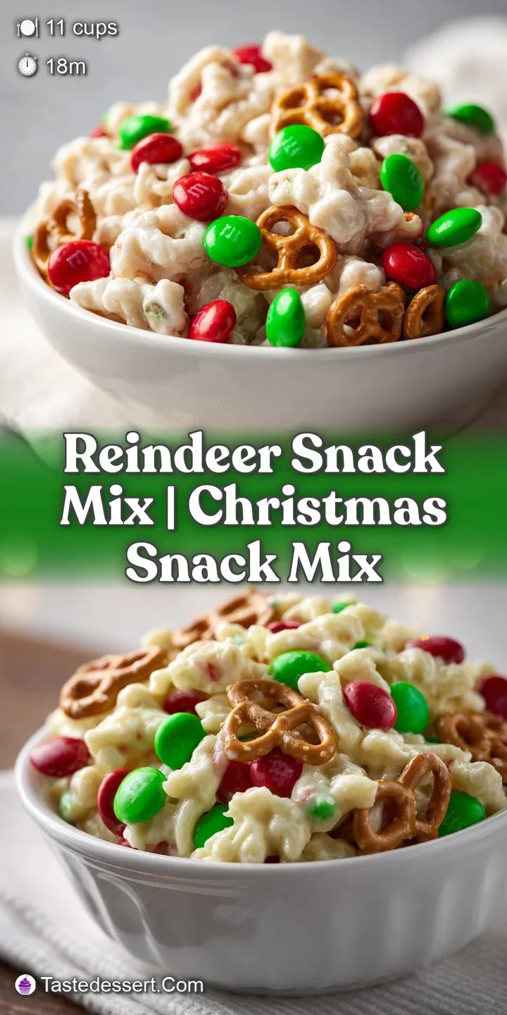 Extreme close-up of crunchy popcorn and pretzels coated in glossy white chocolate with tiny red and green chocolates.