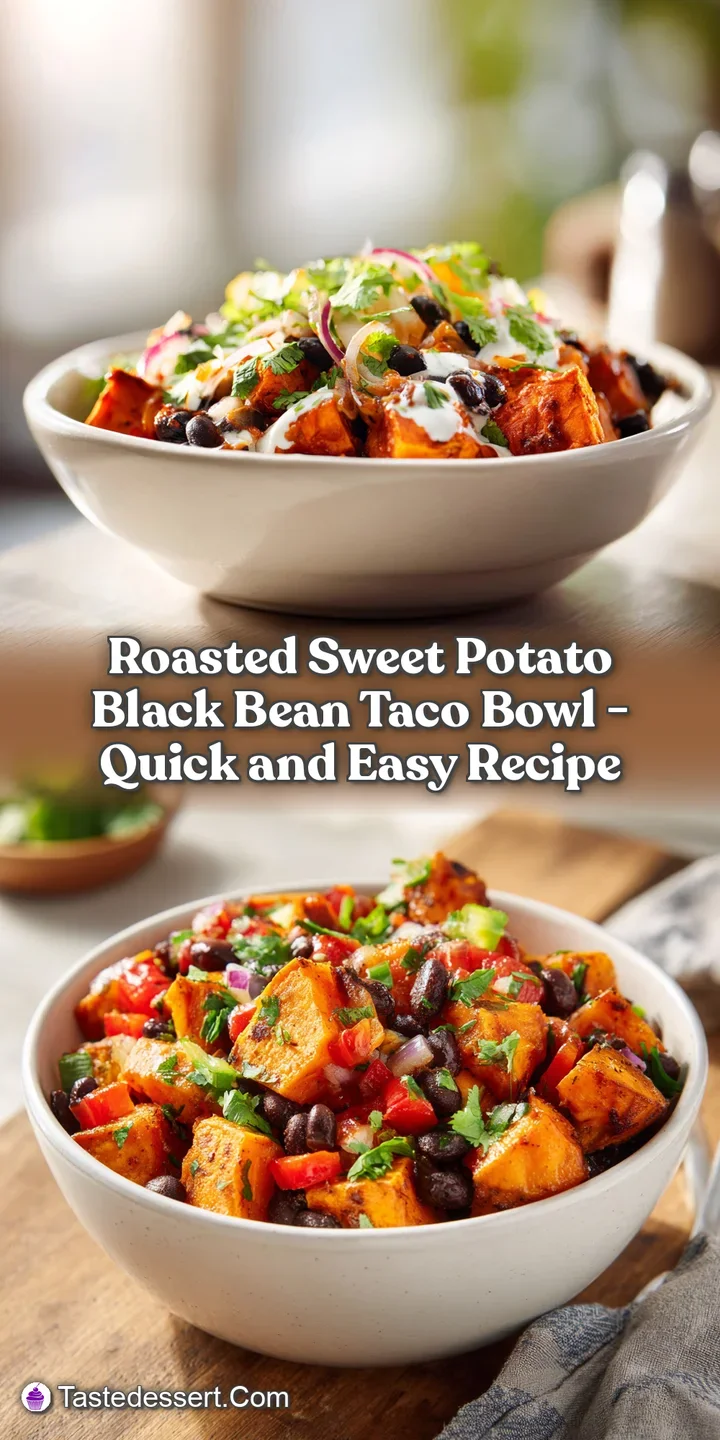 Close-up of tender, roasted sweet potato cubes nestled against glistening black beans and a swirl of lime crema.