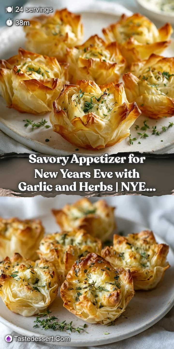 Close-up of a flaky, golden-brown appetizer, revealing savory herbs and glistening minced garlic.