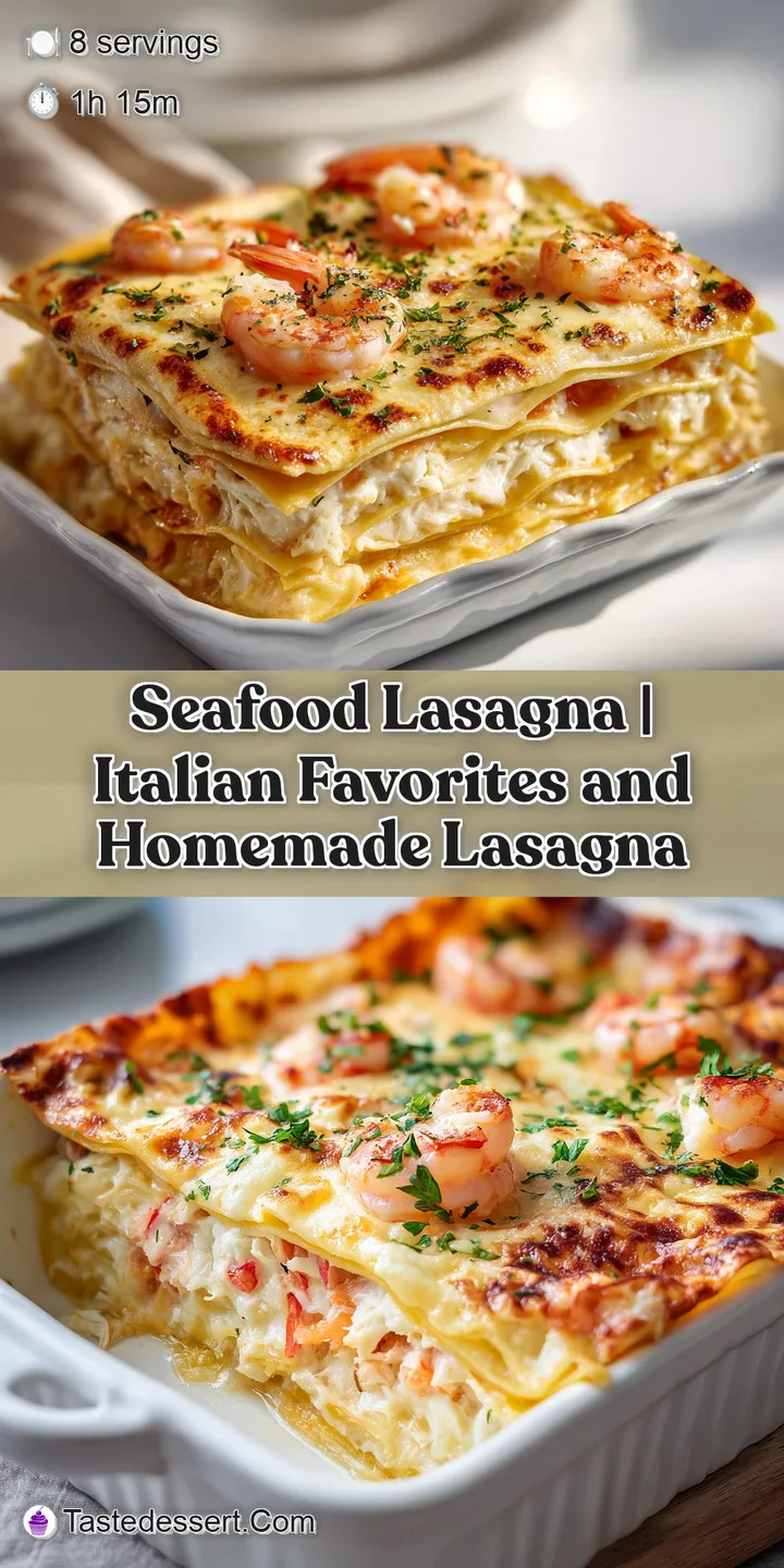 Close-up of tender shrimp and delicate crab meat nestled within creamy b&eacute;chamel and baked pasta in a rich seafood lasagna.
