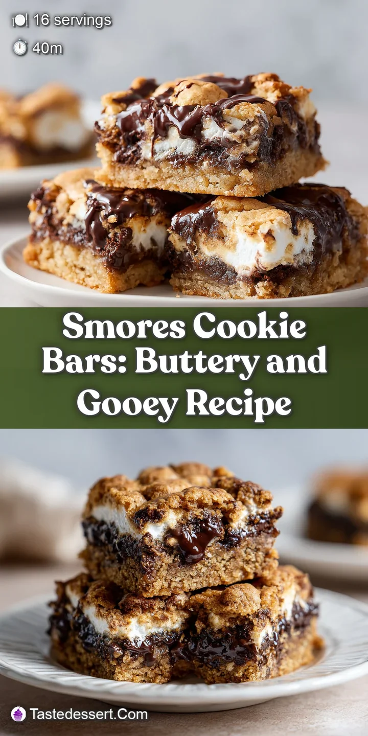 Close-up of a s'mores cookie bar showing the layers of cookie, melted chocolate, and golden-brown toasted marshmallow. A d...