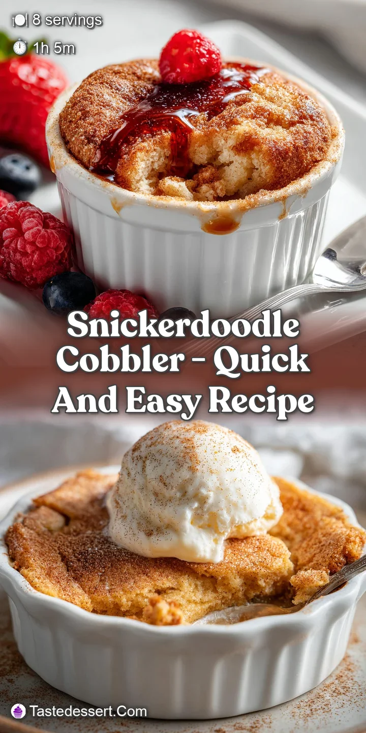 Close-up of a snickerdoodle cobbler, showing the cracked cinnamon-sugar topping and the soft, gooey fruit filling underneath.