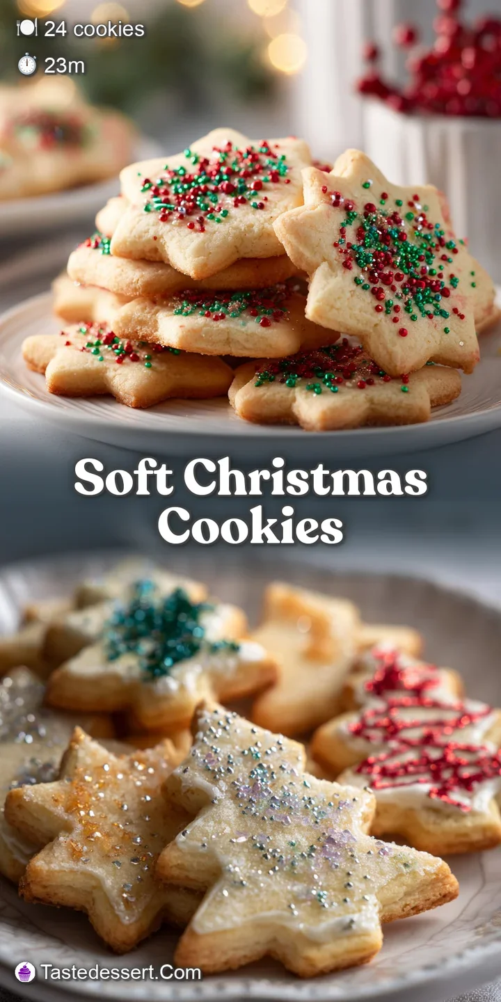 Close-up of a soft Christmas cookie, featuring a slightly cracked surface with vibrant, sugary sprinkles and a dusting of ...