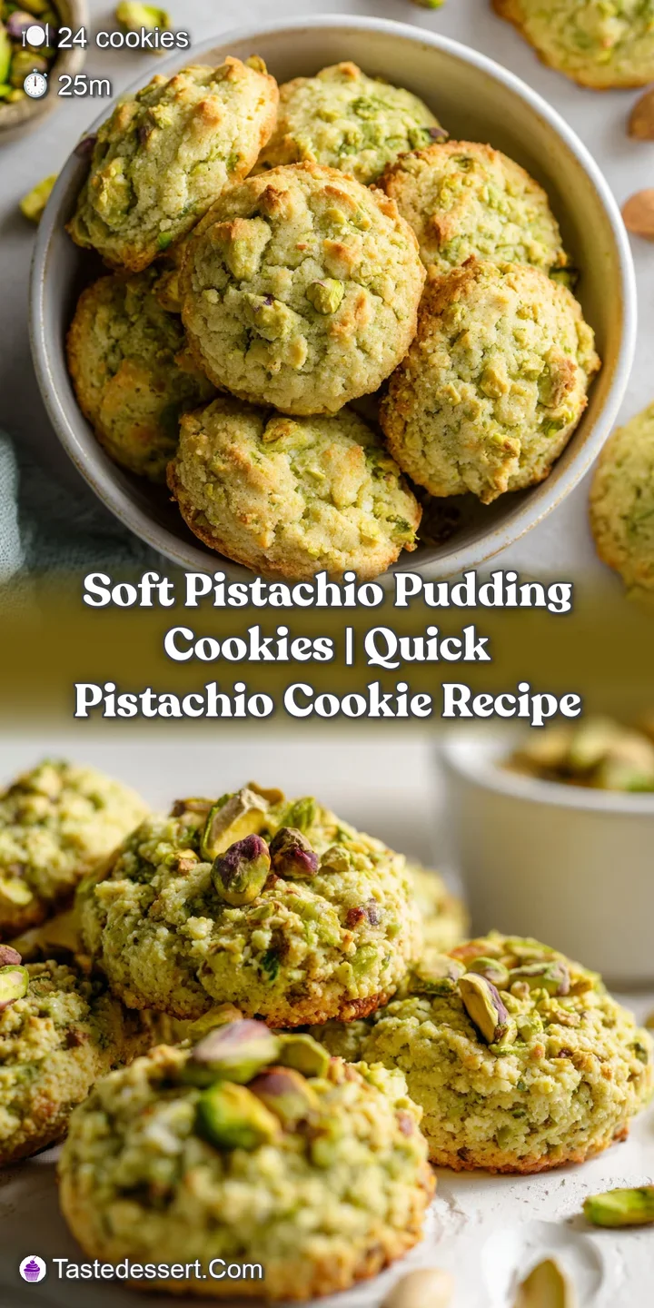 A close-up reveals soft, chewy pistachio cookie, hints of powdered sugar, and a sprinkle of chopped pistachios on top.