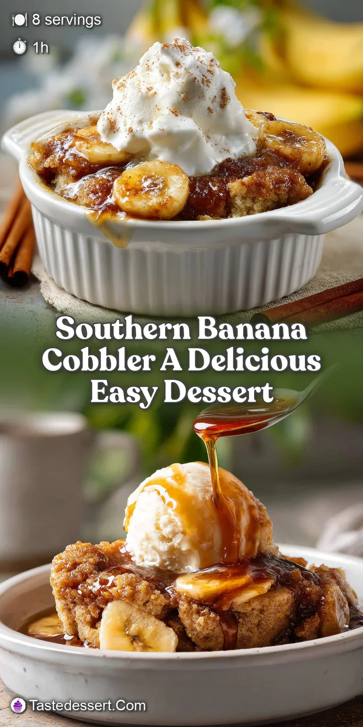 Close-up of hot Southern banana cobbler with a golden, bubbly crust. Cinnamon spice hints at the warm, comforting flavors ...