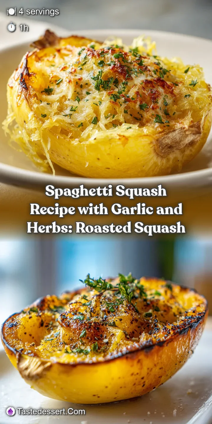 Close-up reveals delicate strands of golden spaghetti squash, generously coated in fresh herbs and fragrant garlic. Steam...
