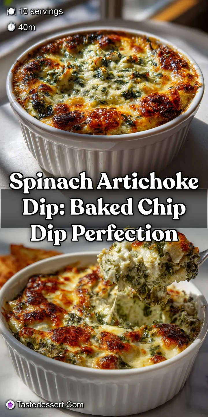 Close-up of a rich, bubbling spinach artichoke dip. The creamy, cheesy texture is punctuated by vibrant green spinach and ...