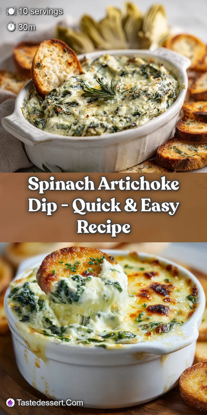 Close-up of bubbling, cheesy spinach artichoke dip, with visible strands of spinach and artichoke hearts, ready to be scoo...