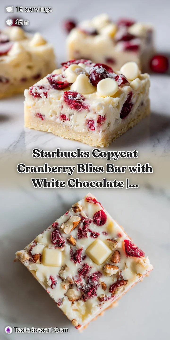 Close-up of a moist, blondie-like bar with ruby-red cranberry bursts and creamy white chocolate drizzle