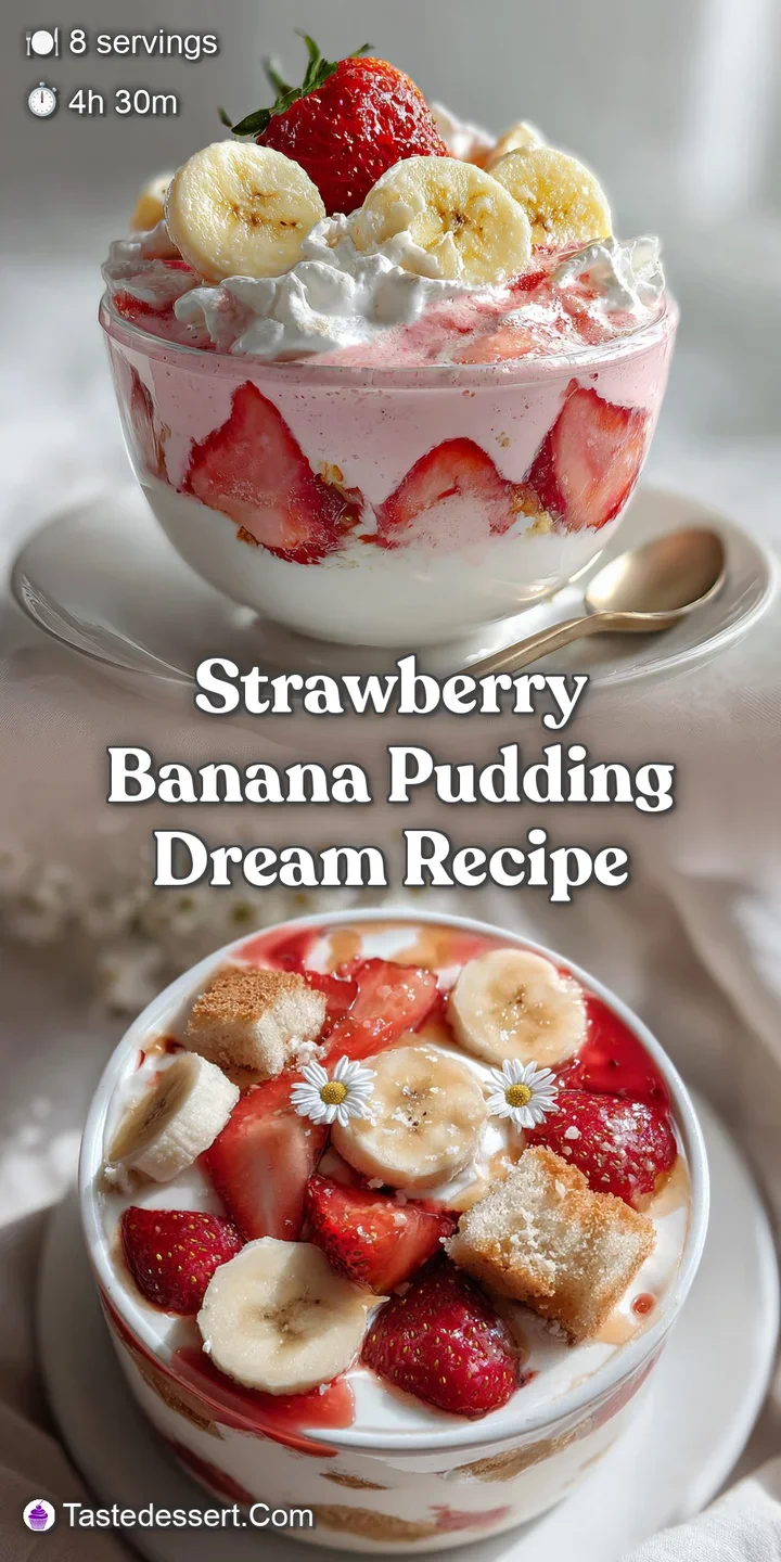 Close-up view of a spoonful of strawberry banana pudding, highlighting the creamy texture, fruit pieces, and inviting colo...