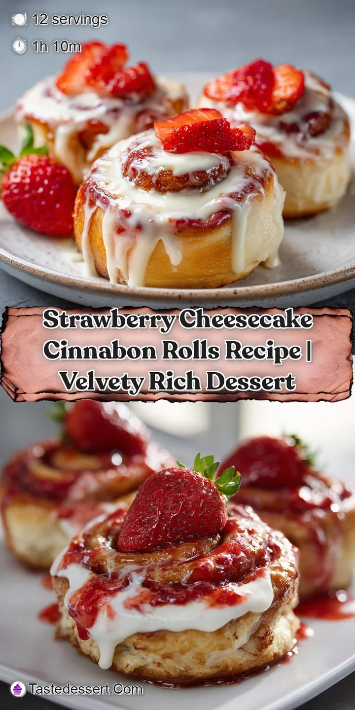 Close-up of a Cinnabon roll: flaky dough, rich cheesecake filling, and juicy strawberry pieces, topped with a smooth, swee...