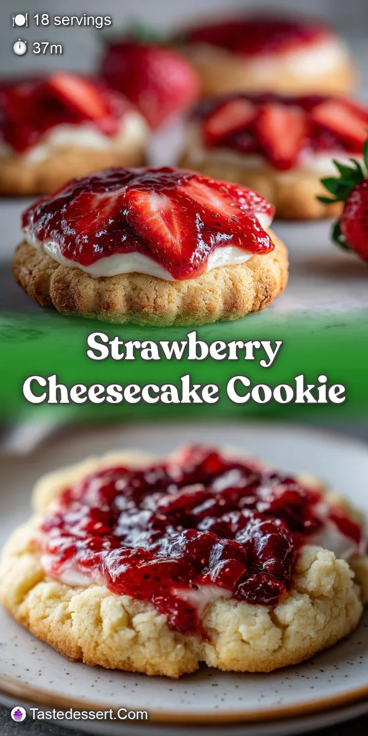 Close-up reveals a creamy, soft cookie studded with bright strawberry jam. A sweet & slightly tart dessert is ready to eat.