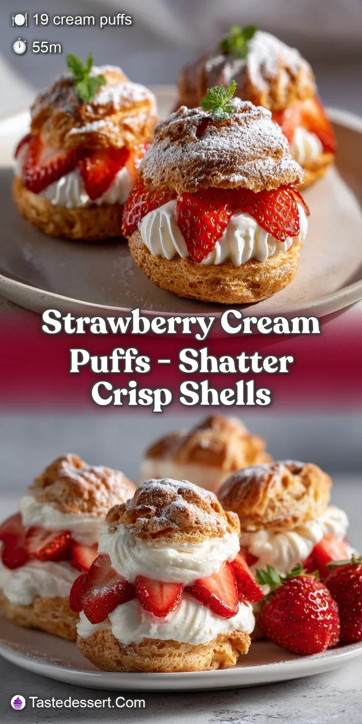 Close-up of a cream puff, oozing creamy filling, showing juicy red strawberry slices peeking out from the flaky golden shell.
