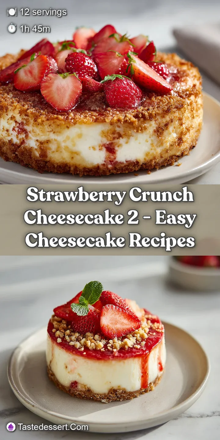 Close-up of smooth cheesecake with glistening strawberries and textural oat crumble.