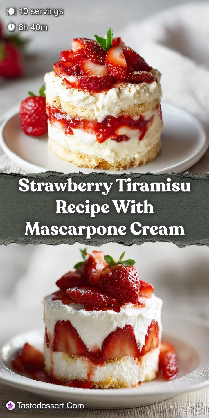 Close-up of strawberry tiramisu showing textured cream, cocoa dusting, and juicy sliced strawberries. Bright, inviting des...