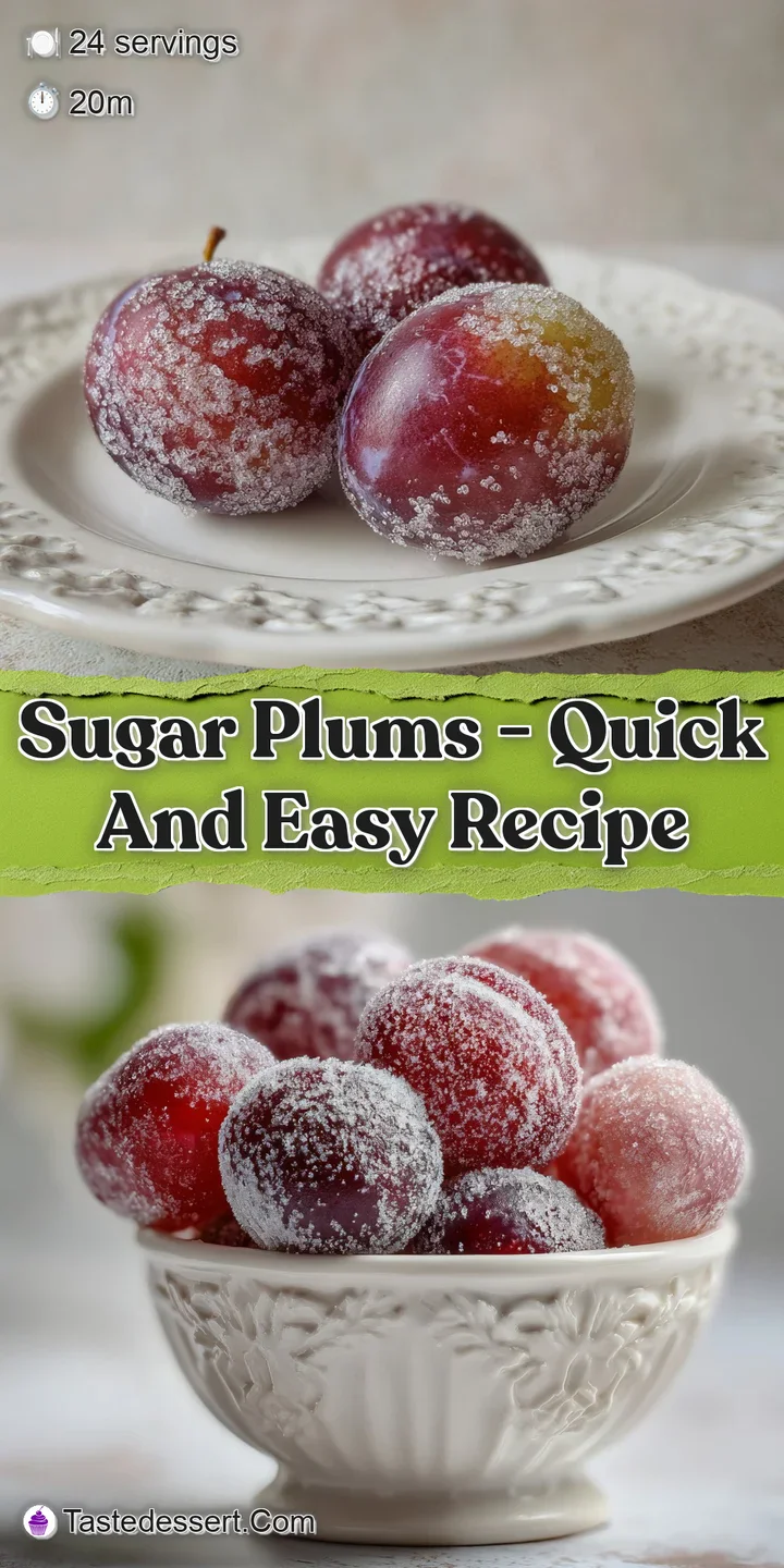 Close-up of plump, glistening sugar plums showing the slight crystalline texture of the sugar coating against the dark fru...