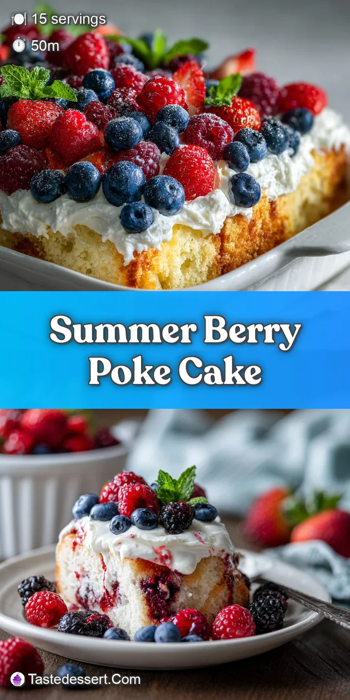 Close-up of a berry poke cake, showing the juicy texture of the berries and the creamy, sweet frosting oozing into the cake.