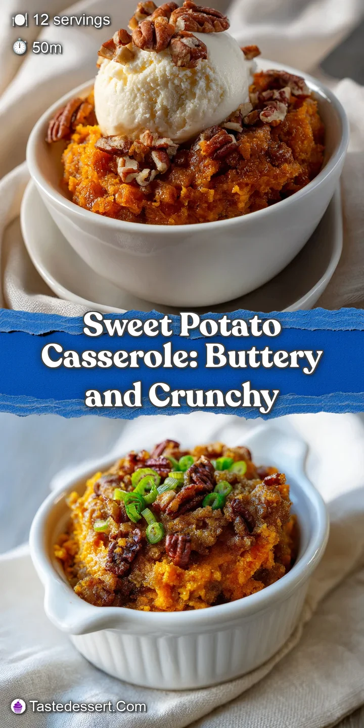 Close-up of sweet potato casserole reveals soft, browned edges and a crisp pecan topping. Visible steam hints at its warm,...