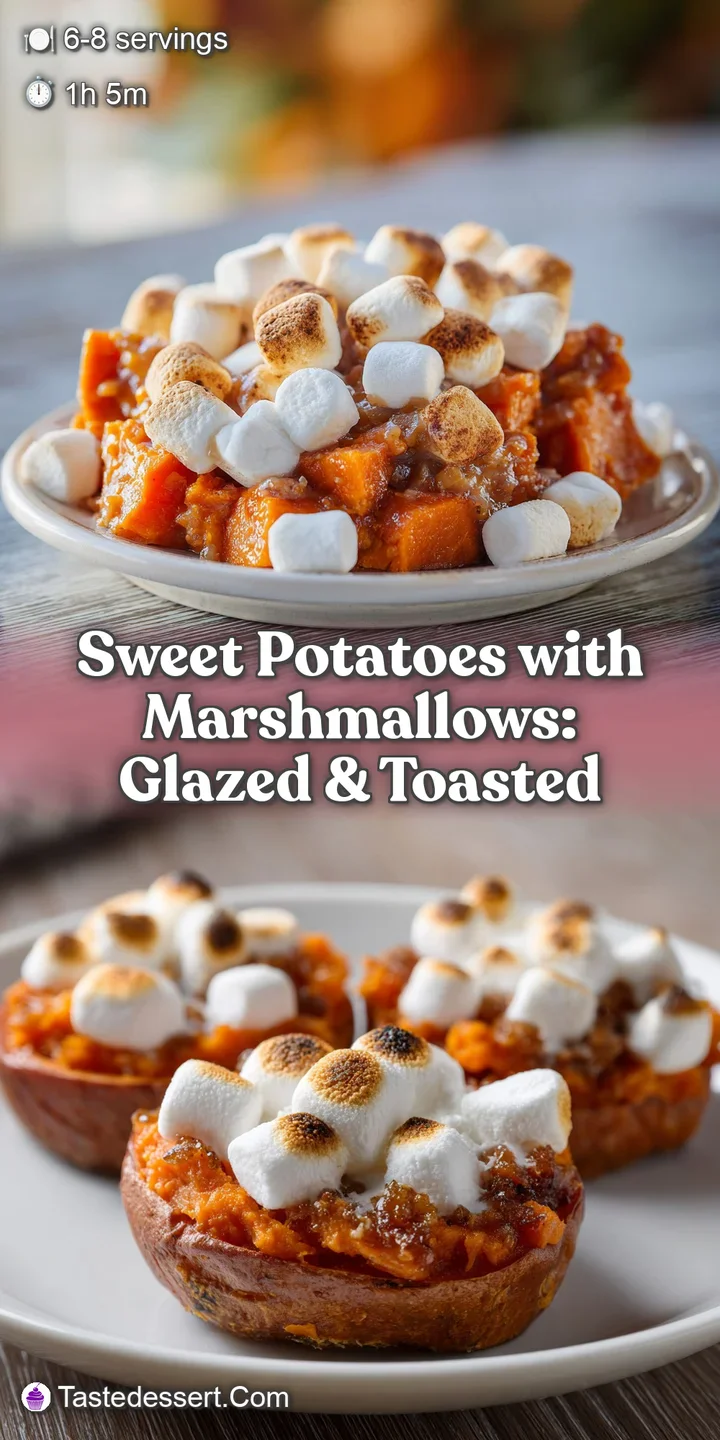 Close-up of soft, steaming sweet potatoes with bubbly, caramelized marshmallows melting over the top.