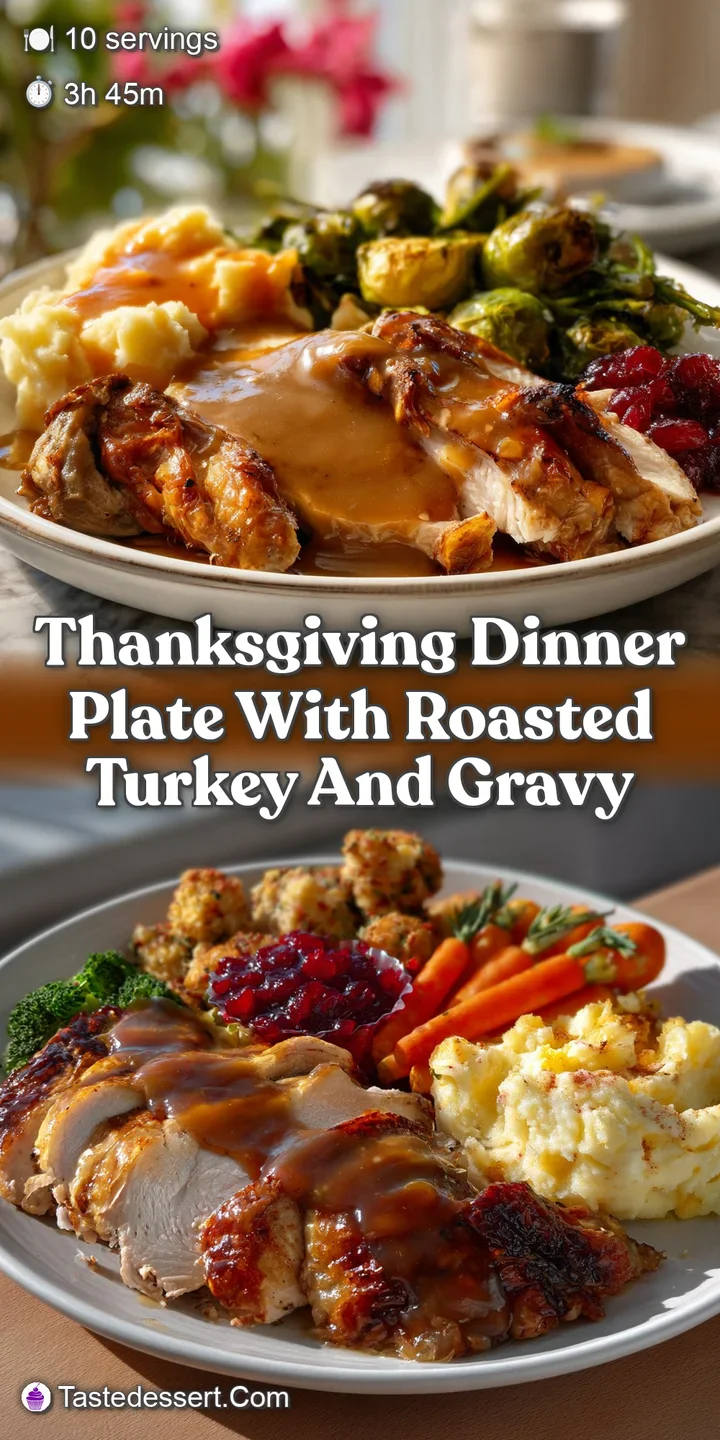 Close-up of glistening roasted turkey skin with rich gravy, hinting at a warm, savory meal, alongside a colorful cranberry...