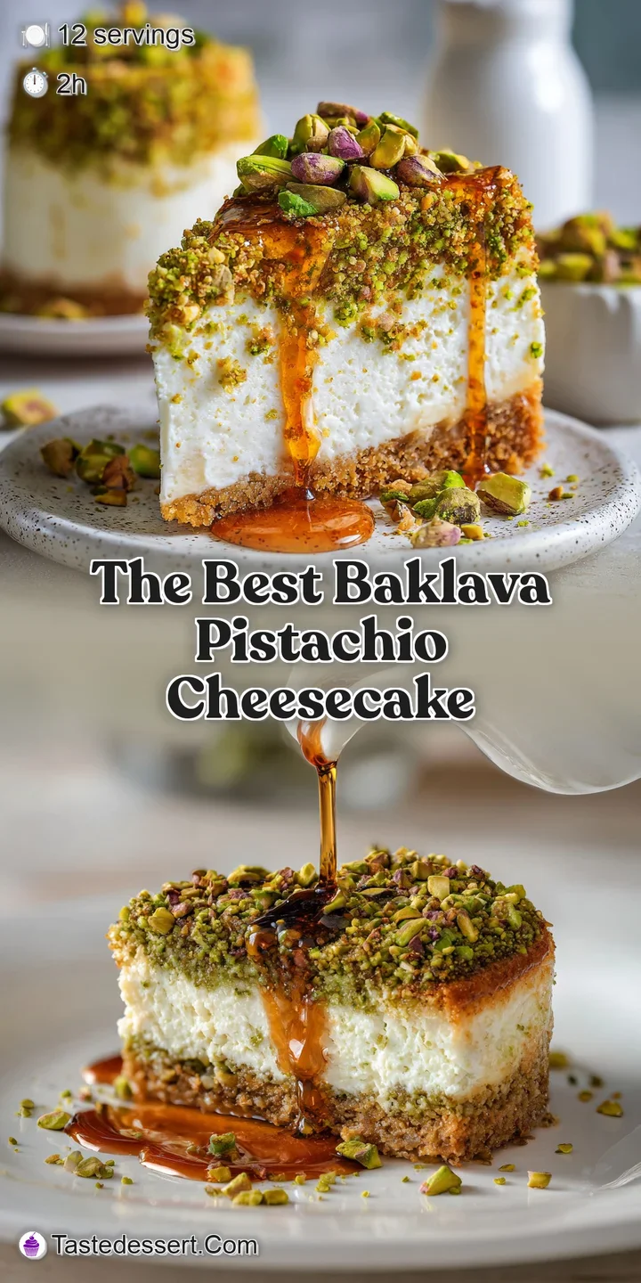 Close-up reveals rich cheesecake filling, flaky baklava layers, and bright green pistachios. Honey drips down side.