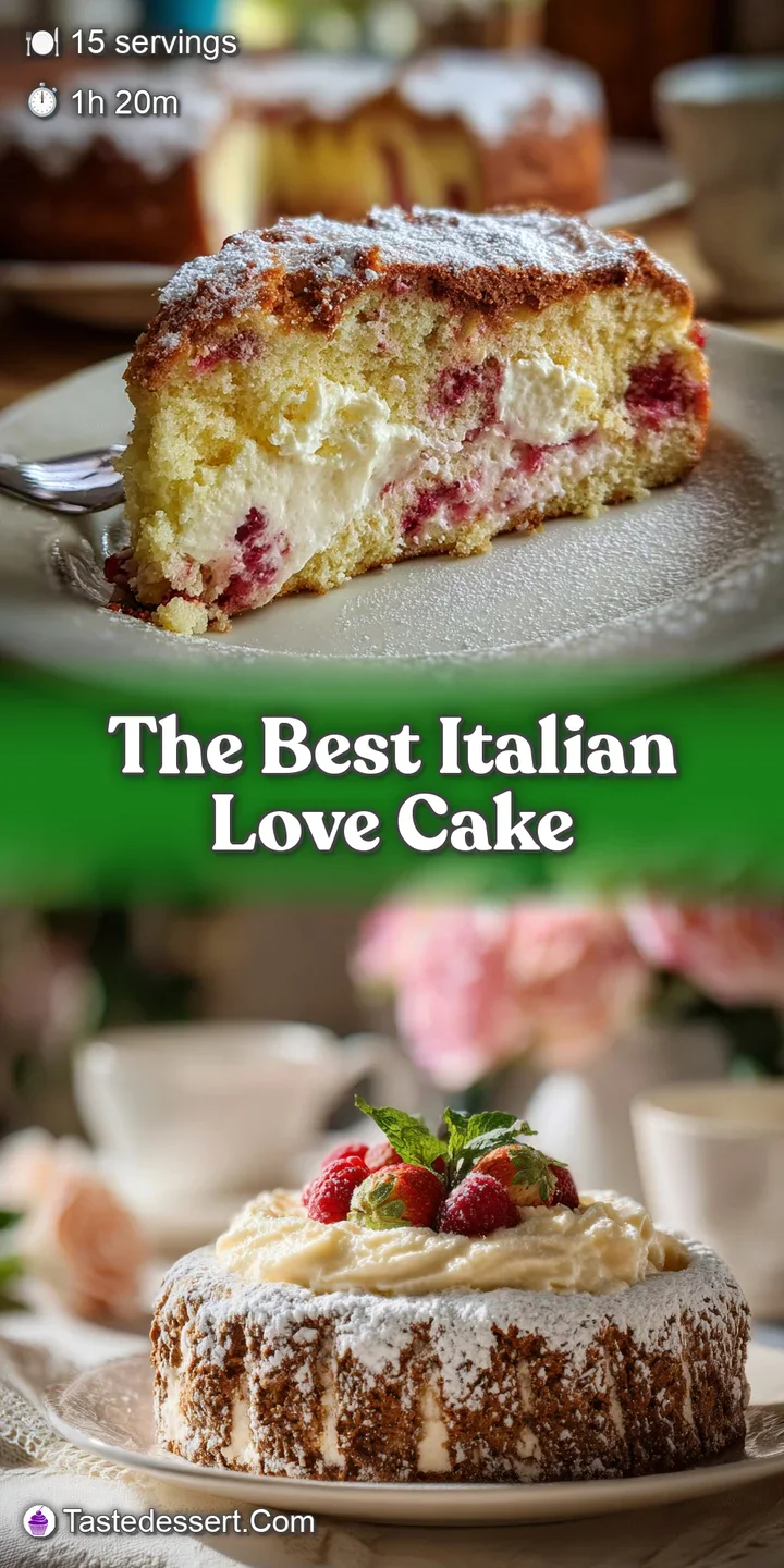 Close-up of a slice of luscious Italian Love Cake showing the moist chocolate and vibrant red layers, topped with creamy f...